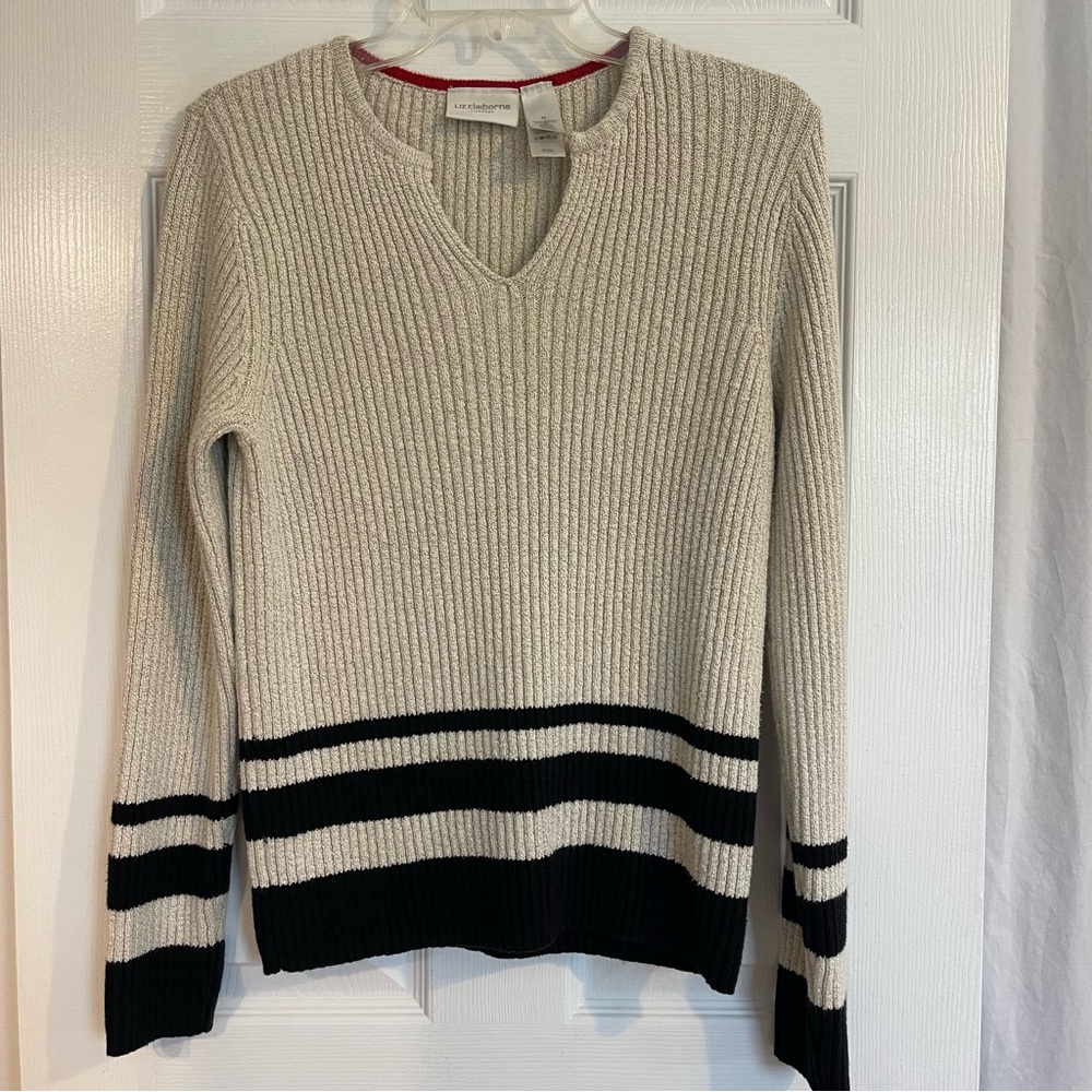 Vintage Liz Claiborne Preppy Nautical Ribbed Stripe Sweater Cream Black M